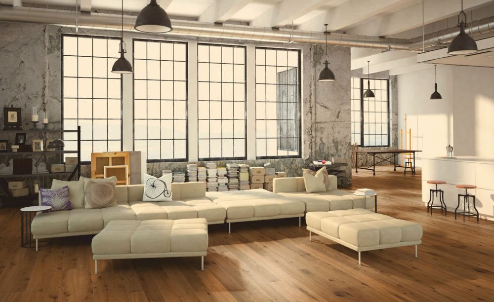 una imagen decorativa de un gran salón con suelo vinílico instalado